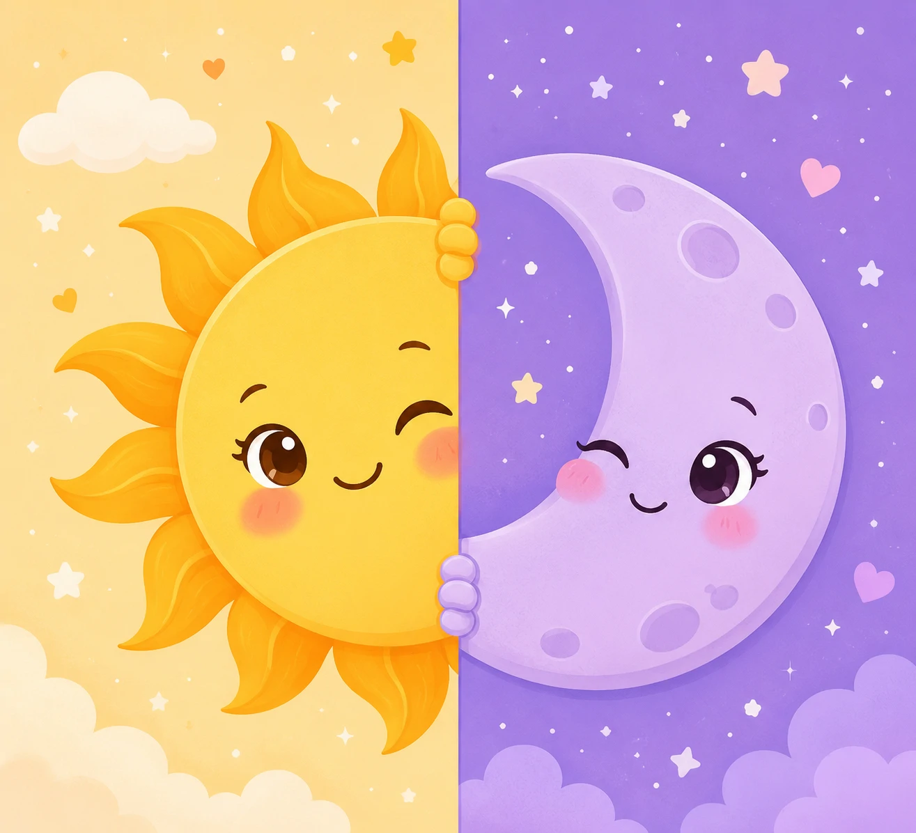 Sun and moon cute matching pfp with cartoon faces on soft pastel backgrounds