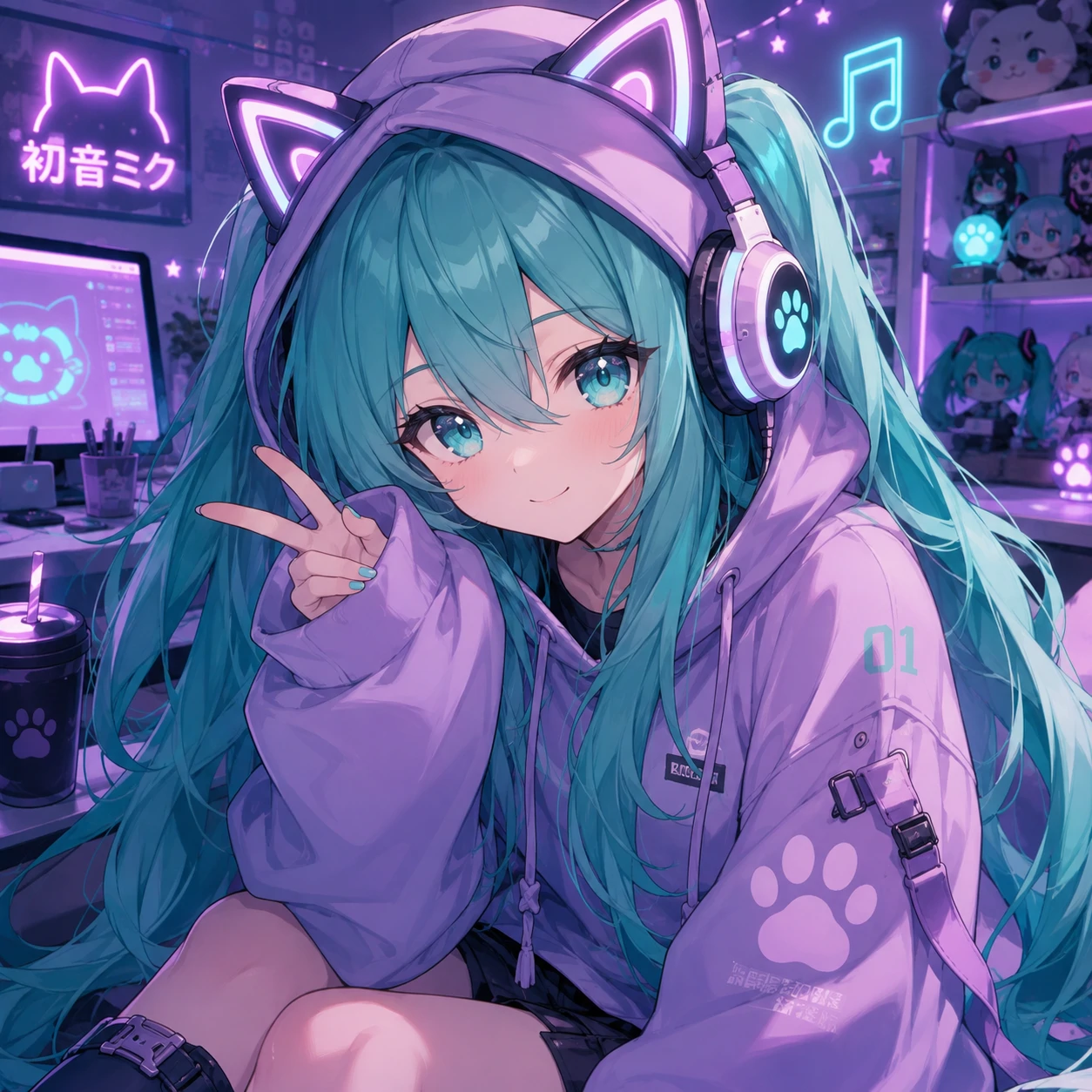 Cute Miku icon wearing cat ear headphones with lavender hoodie