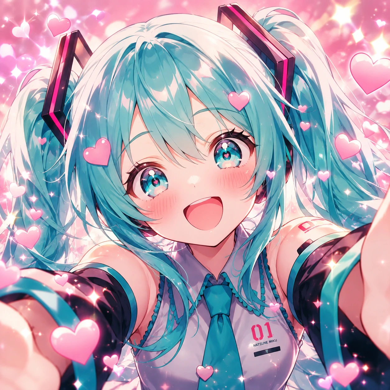 Cute Miku PFP with heart sparkles, rosy cheeks and a bright smile