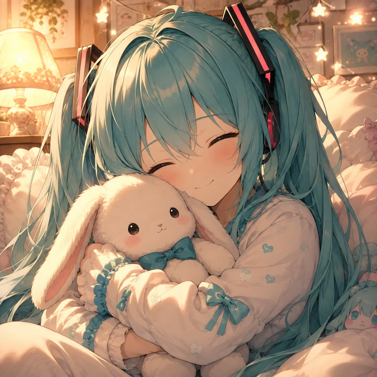 Cute Miku PFP hugging a small bunny plushie with soft warm lighting