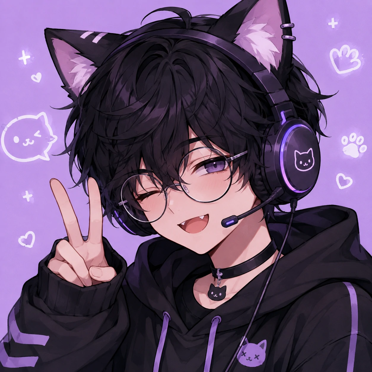Gamer boy cute pfp with cat ears, glasses and a headset on a lilac background