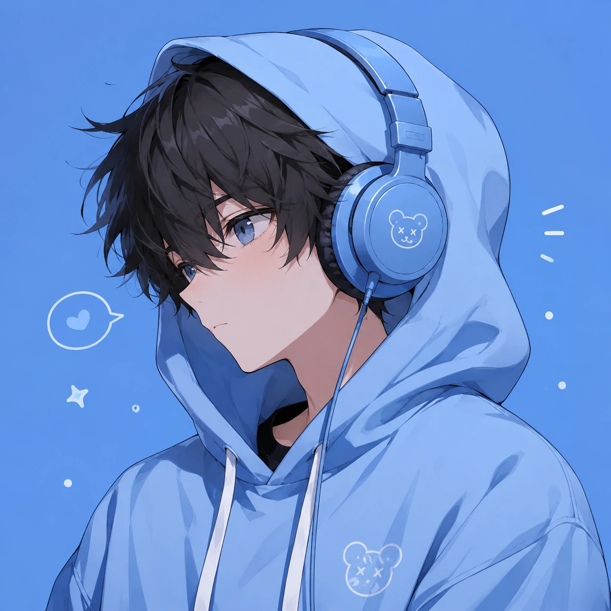Cute pfp for boys with hoodie, headphones and soft anime styling on a blue background