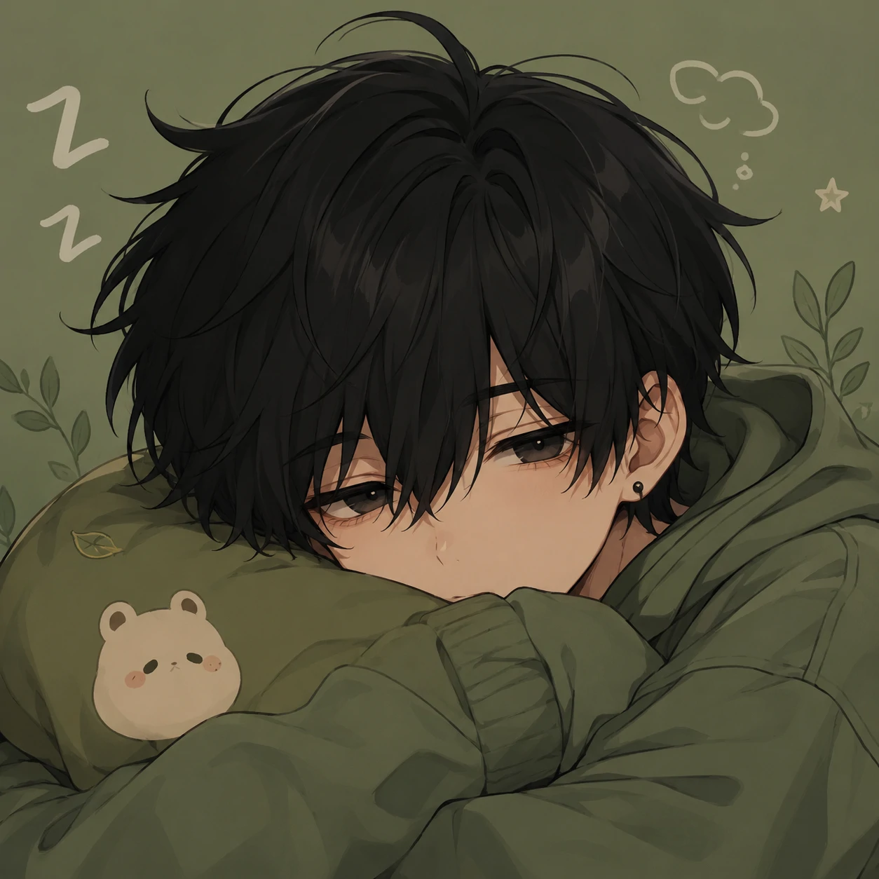 Sleepy black-haired anime boy cute pfp with soft eyes and muted green background