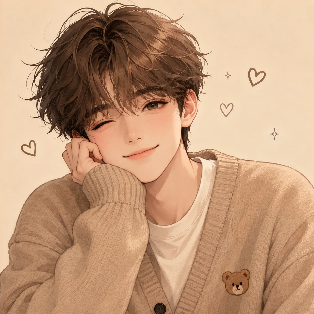Soft brown-haired boy cute pfp in beige cardigan with warm cream background