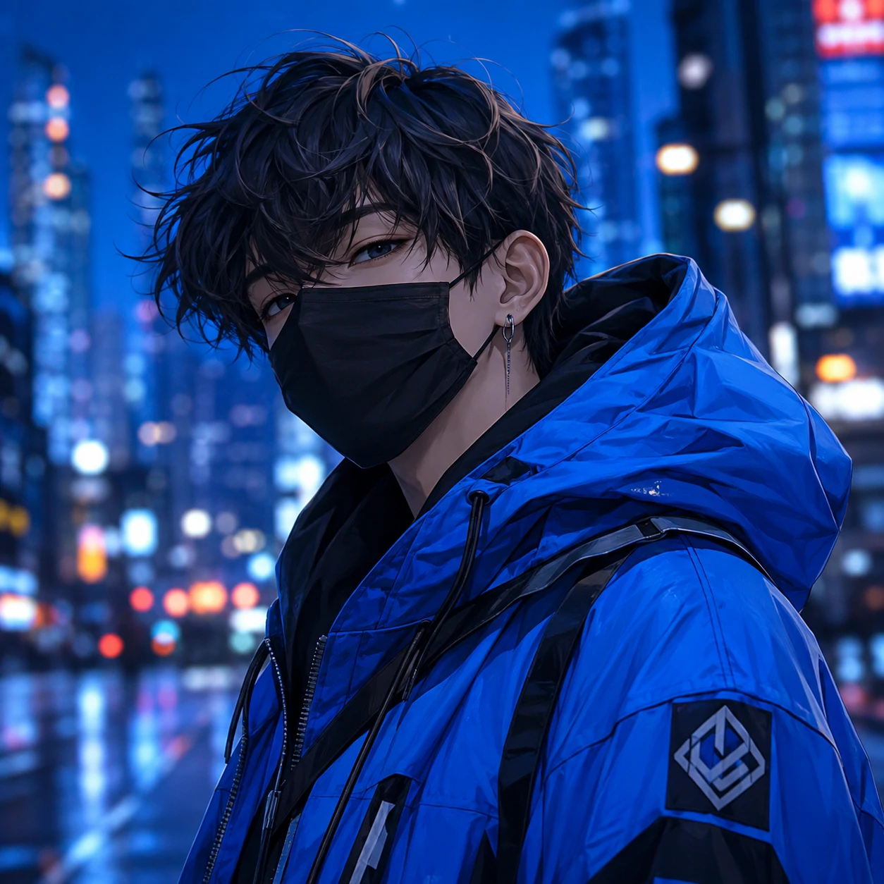 Cute pfp for boys with street style outfit, blue jacket and city-blur background