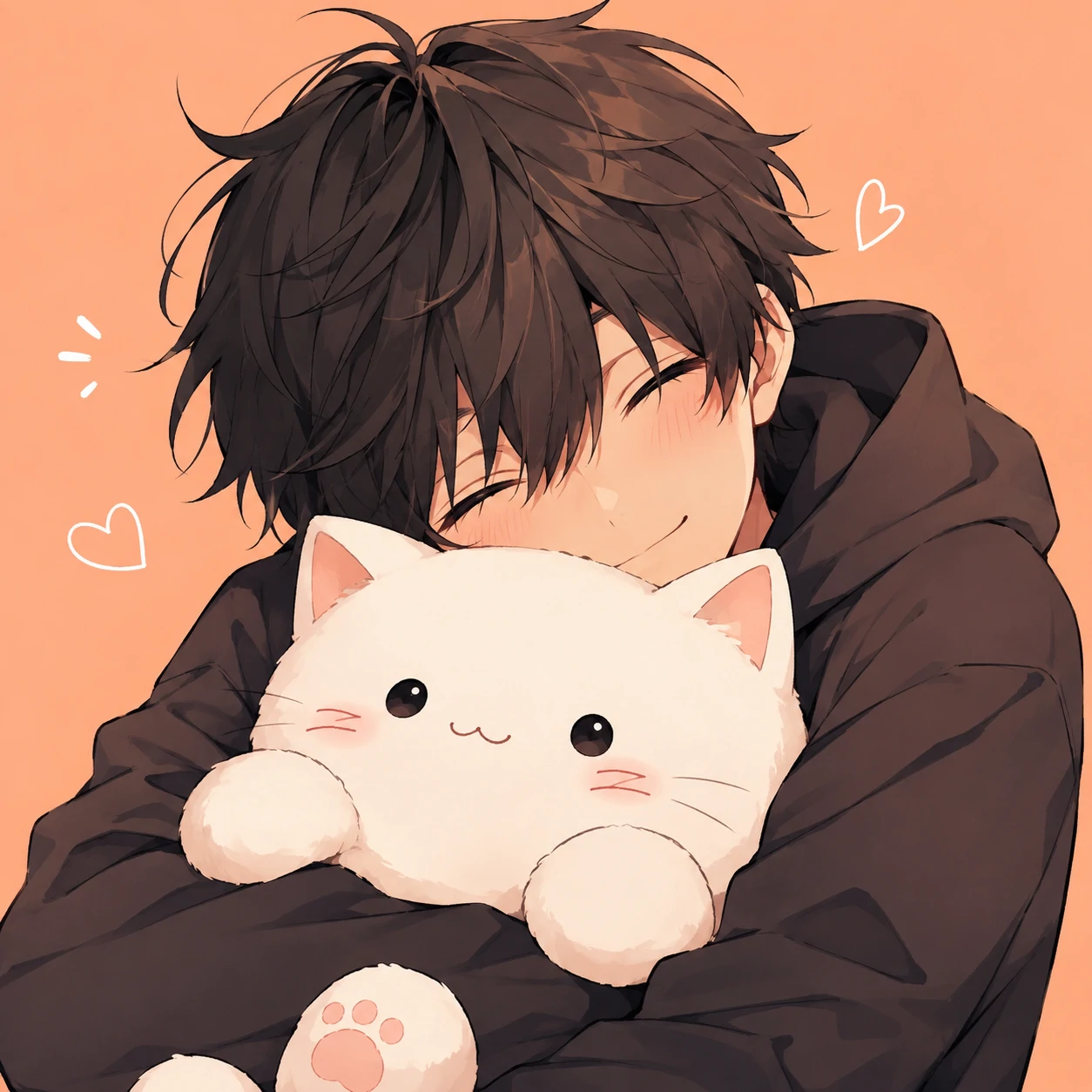 Cute pfp for boys of an anime boy hugging a white cat plush on a peach background
