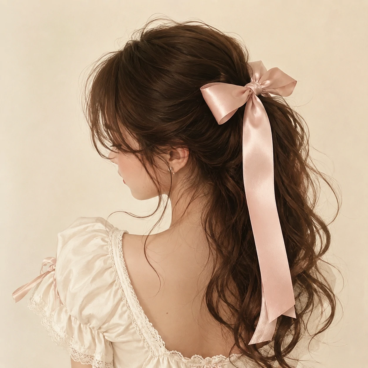 Coquette cute pfp for girls with a satin ribbon in the hair and cream background