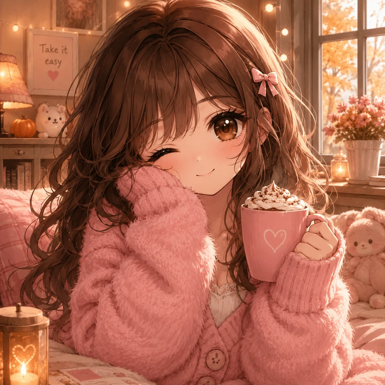 Cosy cute pfp for girls in a fluffy pink cardigan with big anime eyes and warm tones