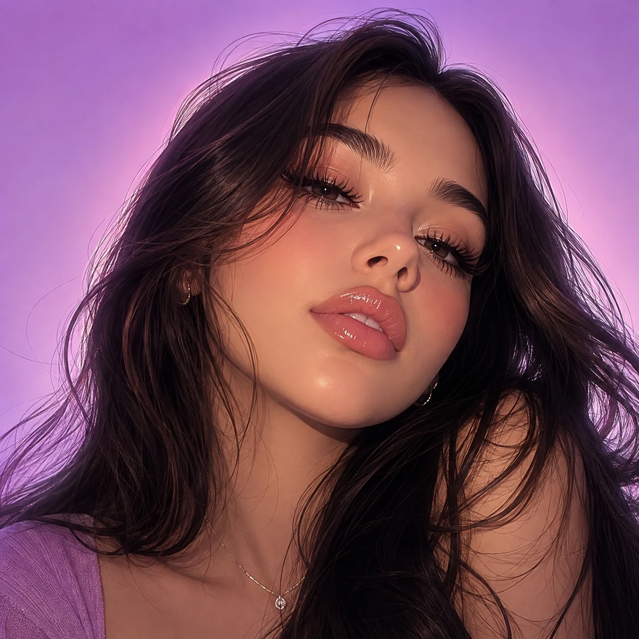 Cute pfp for girls with glossy lips, long lashes and a pastel purple gradient background