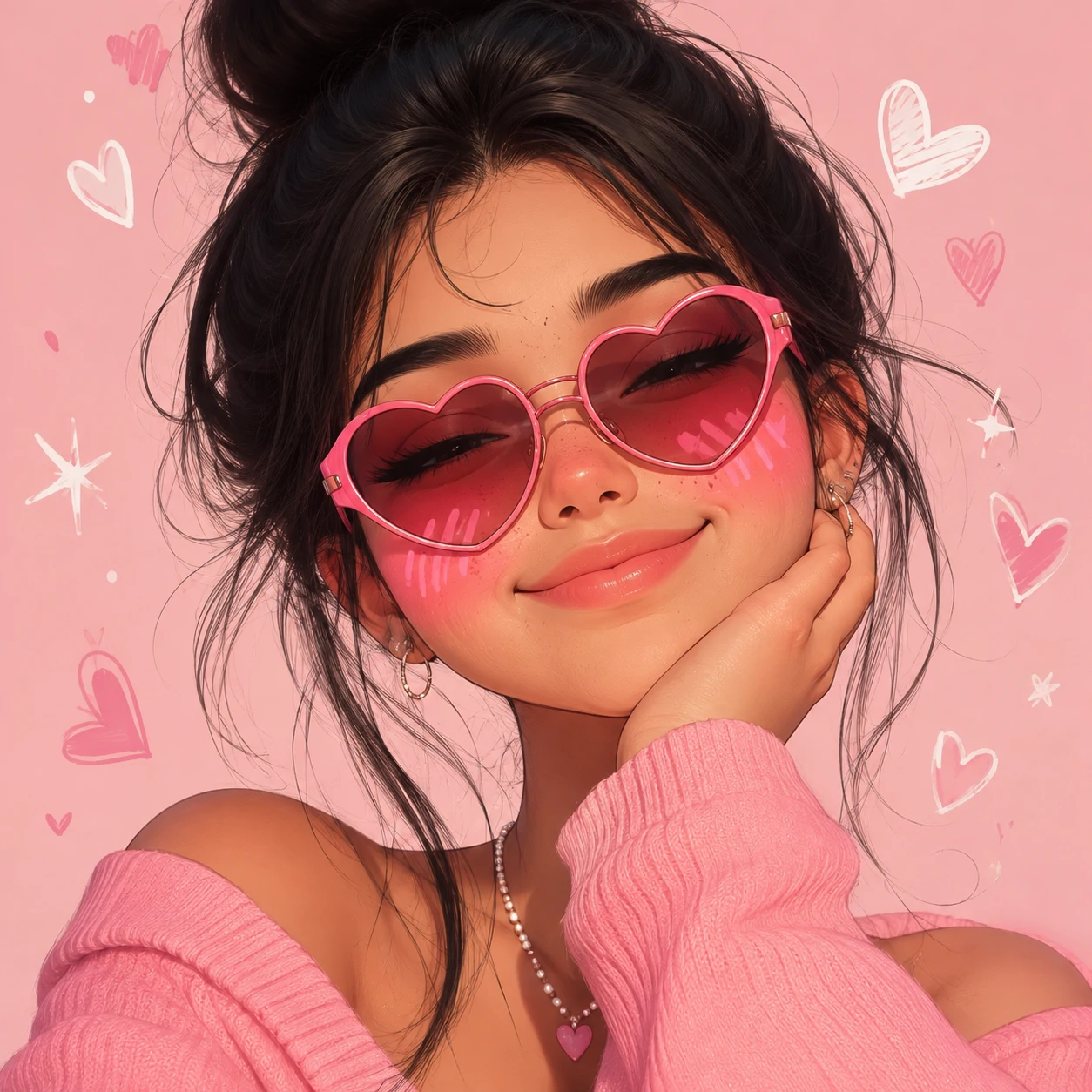 Cute pfp for girls with heart-shaped sunglasses and pink blush across the cheeks