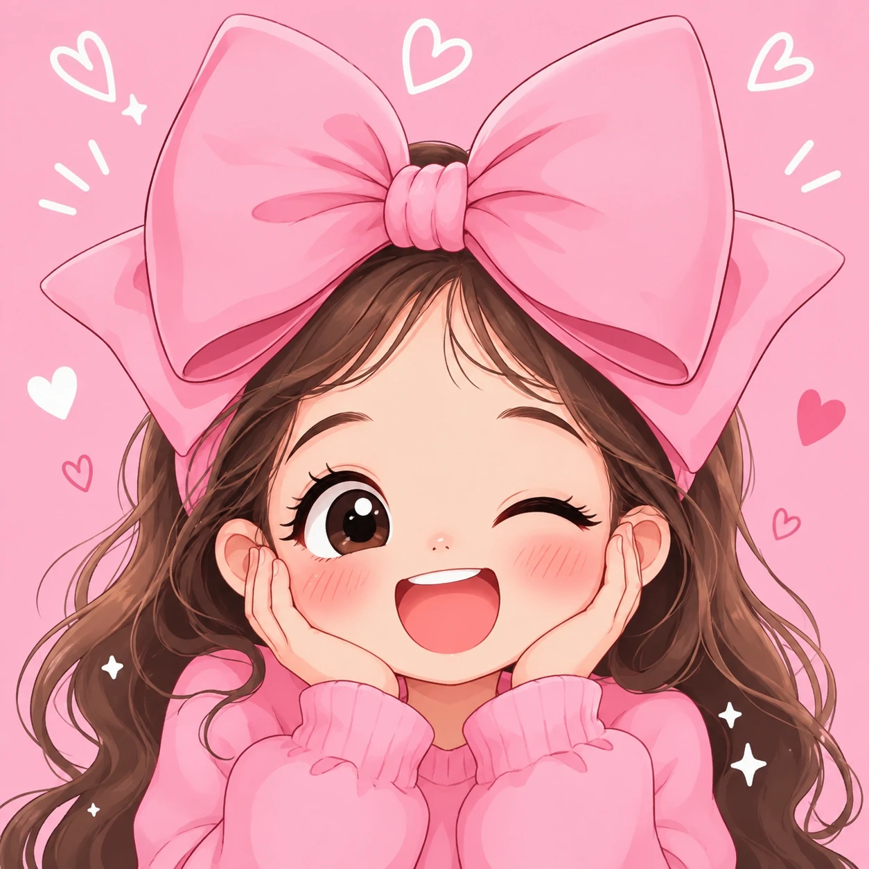 Cute pfp for girls with a big pink bow, cartoon face and pastel pink background
