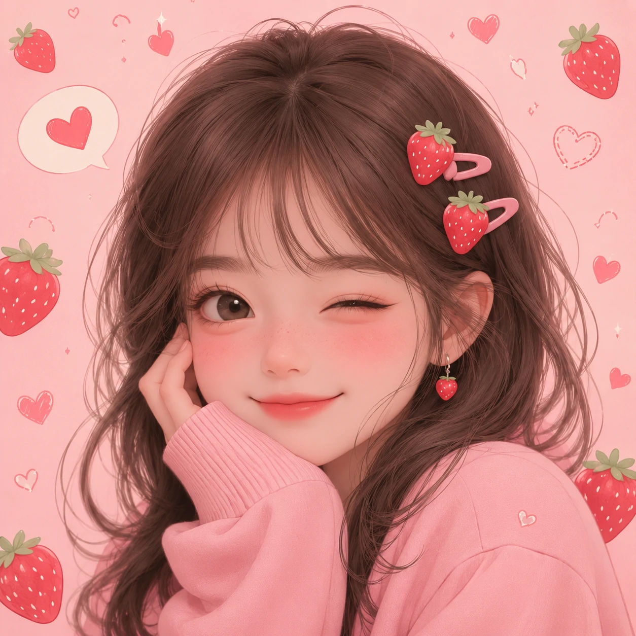Cute pfp for girls with strawberry hair clips and a soft pastel pink background
