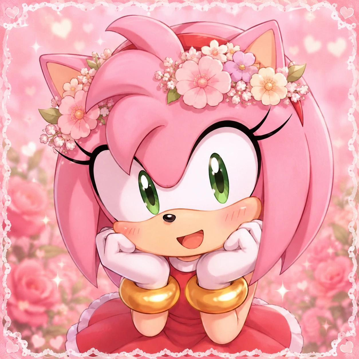 Cute pink Amy Rose PFP wearing a small flower crown with soft pastel tones