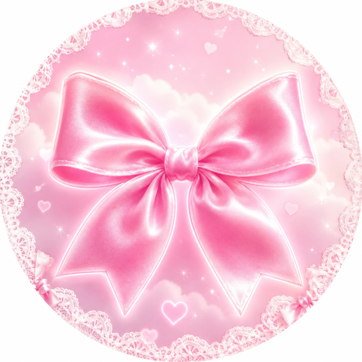 Cute pink coquette PFP with a satin bow and pastel gradient background.