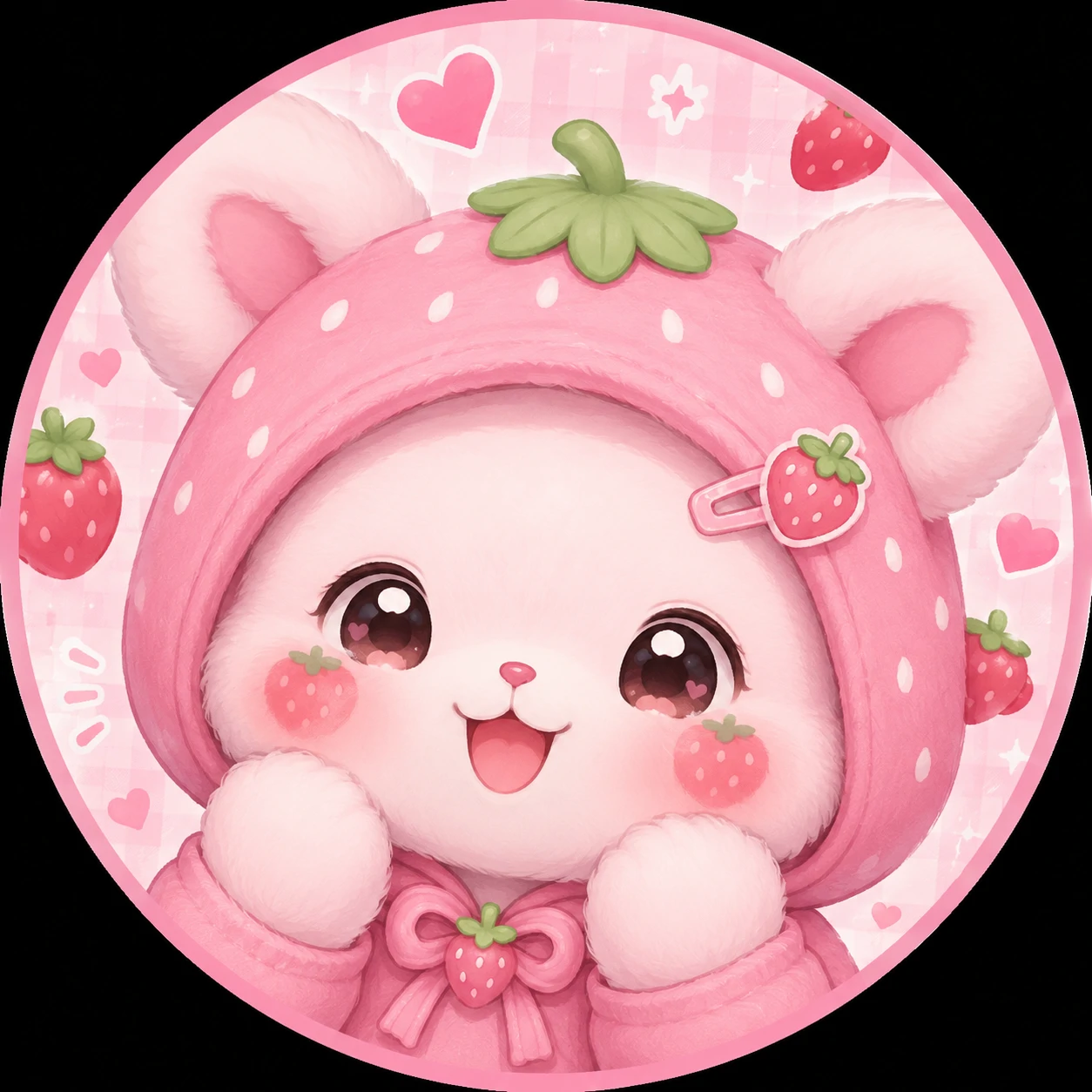 Cute pink profile picture with strawberry details and rosy cartoon cheeks