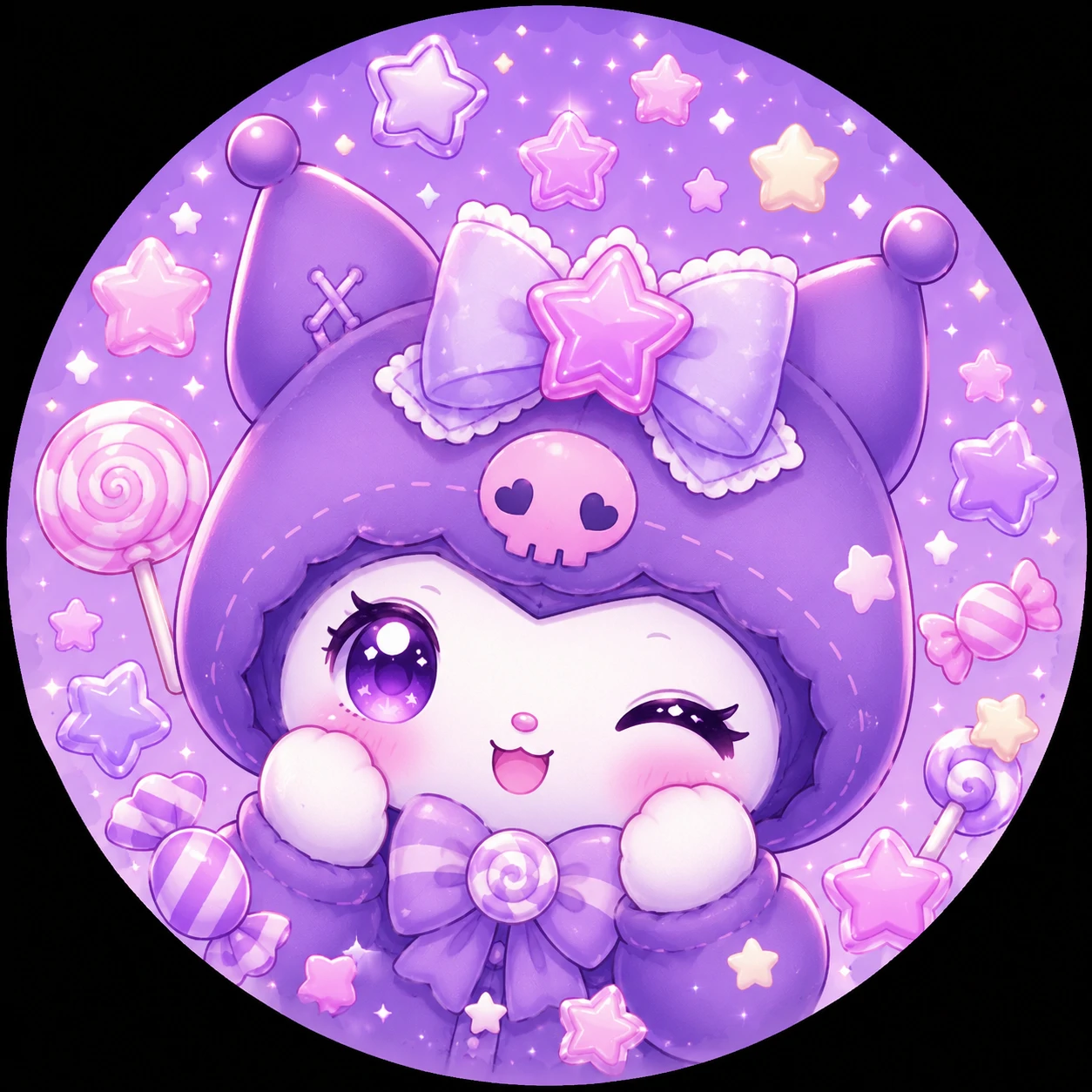 Cute purple aesthetic PFP with candy stars and pastel violet tones