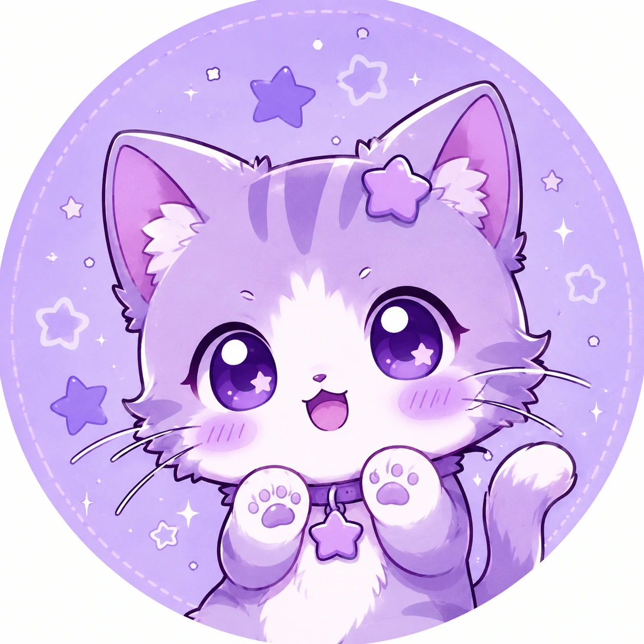 Chibi cat Cute Purple PFP with lavender cheeks and star details