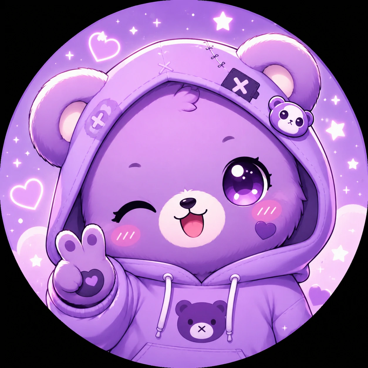 Kawaii bear Cute Purple PFP with lilac hoodie and bright eyes