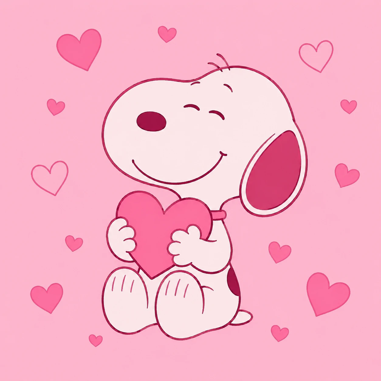 Cute pink Snoopy PFP on a soft solid pink background with tiny hearts