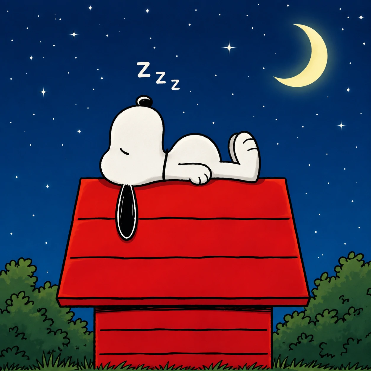 Cute Snoopy PFP peacefully sleeping on top of his red doghouse