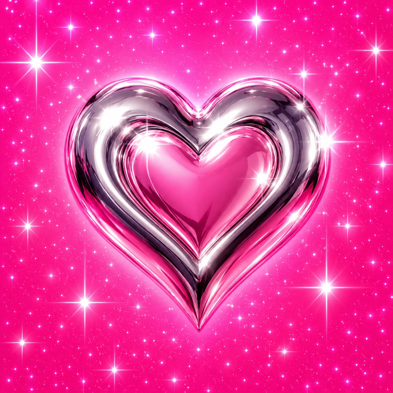 Cute Y2K pfp with a chrome heart and hot pink background full of tiny sparkles
