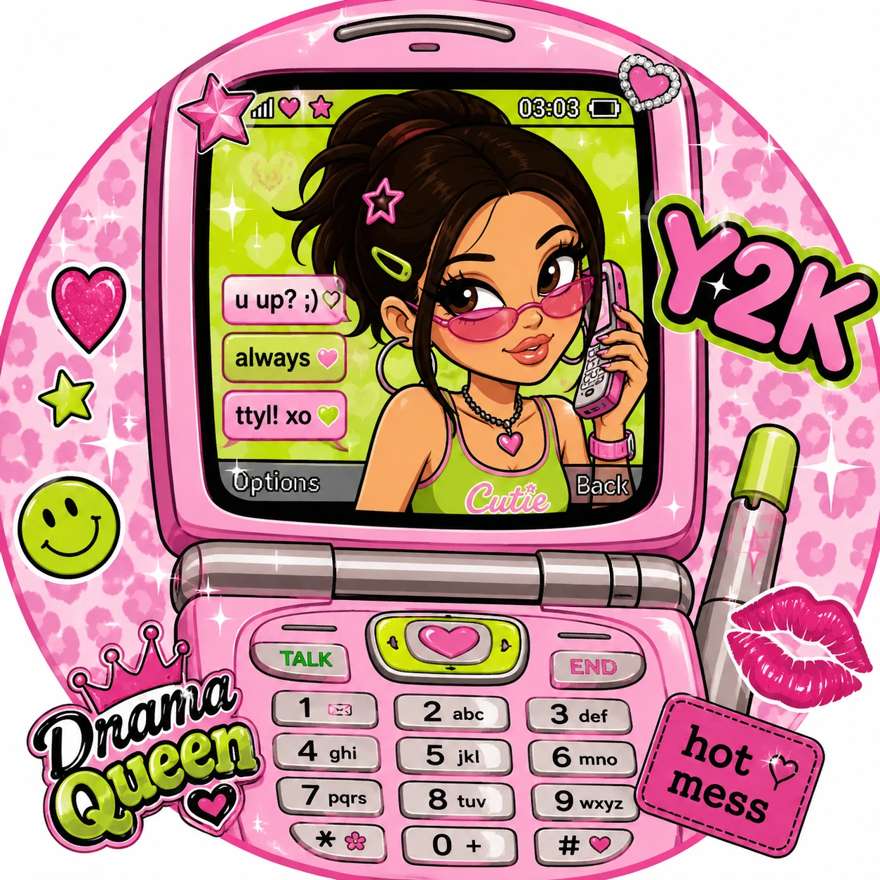 Cartoon girl on a flip phone as a cute Y2K pfp with pink and lime accents