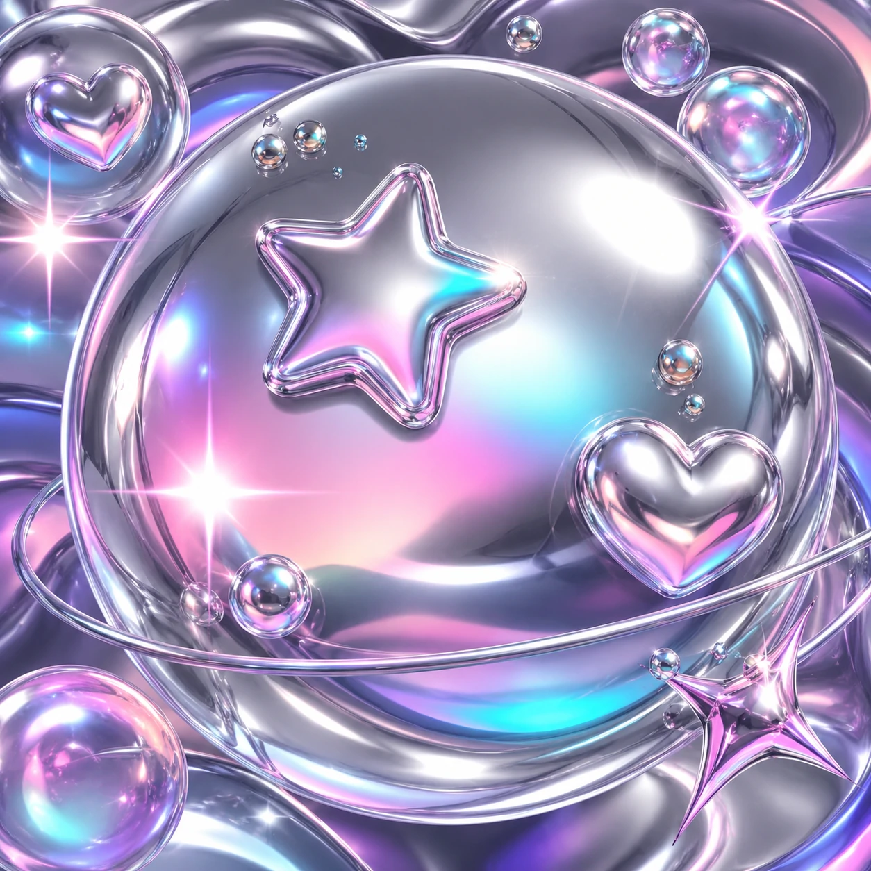 Metallic silver bubble cute Y2K pfp with reflective chrome finish and pastel accents