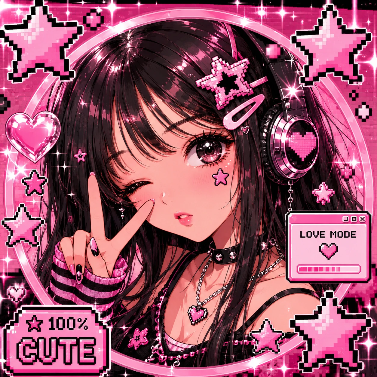 Pixel star cute Y2K pfp with an anime girl and glossy early 2000s graphics