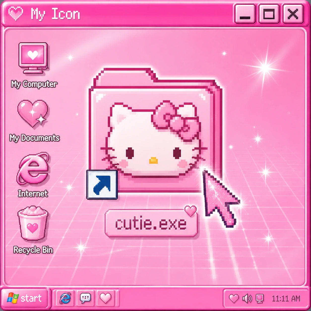 Y2K cute pfp styled like a desktop icon with a sparkle cursor and glossy pink screen