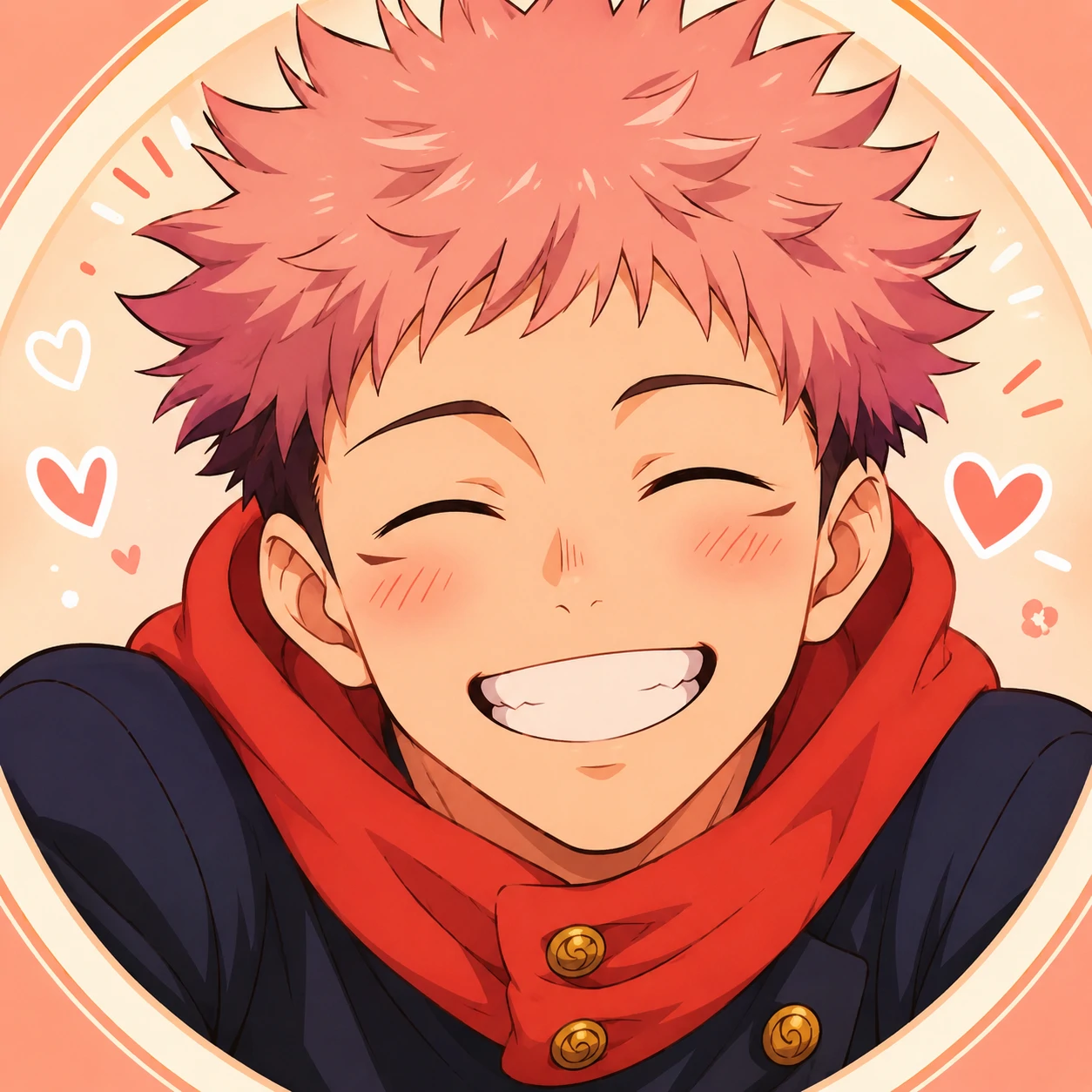 Cute Yuji Itadori smiling icon with blush and warm school uniform