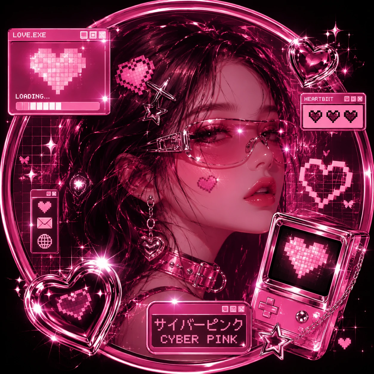 Cyber pink pfp with retro hearts, pixel shine, and chrome accents