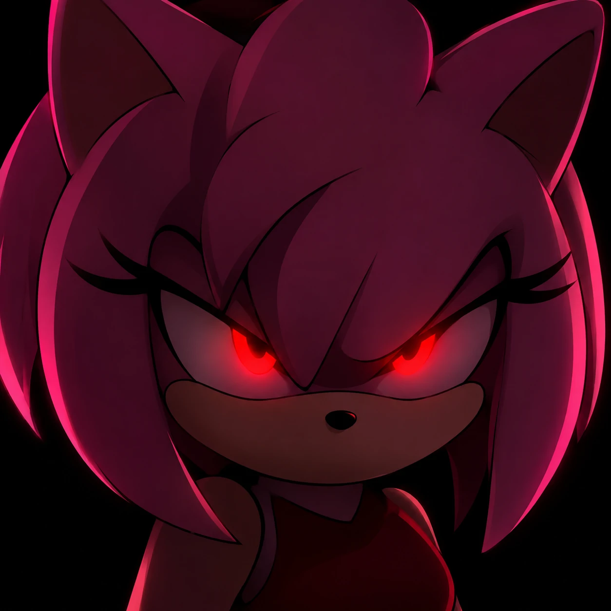 Dark Amy Rose PFP with glowing red eyes and a shadowy black background