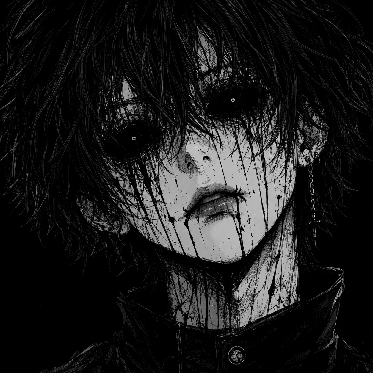 Creepy dark anime pfp with haunted black eyes drawn in detailed ink style.