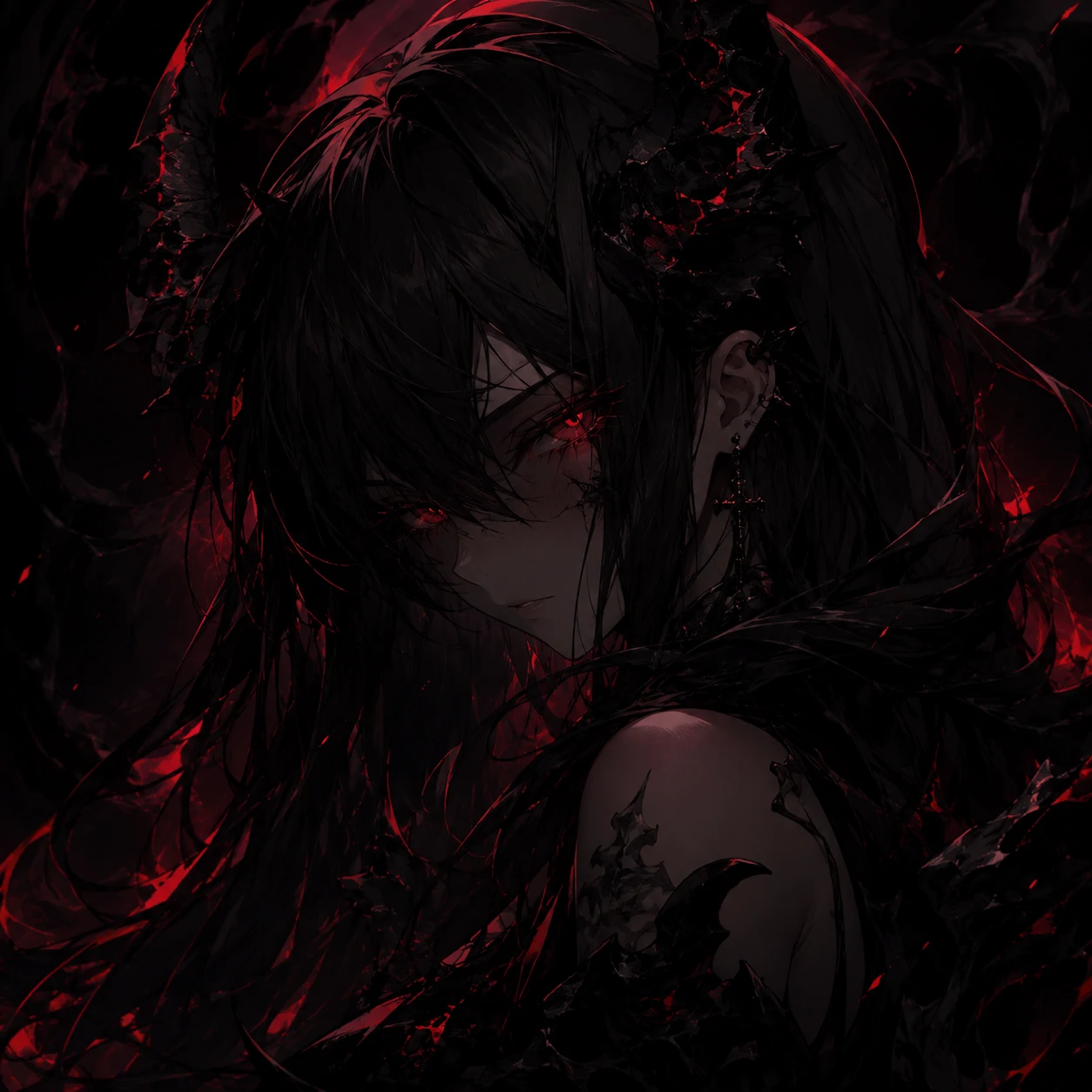 Dark black anime pfp demon girl with shadowy horns and faint red glow.