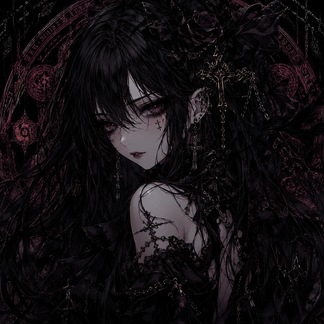 Dark black anime pfp featuring a gothic girl with onyx hair and deep shadow.