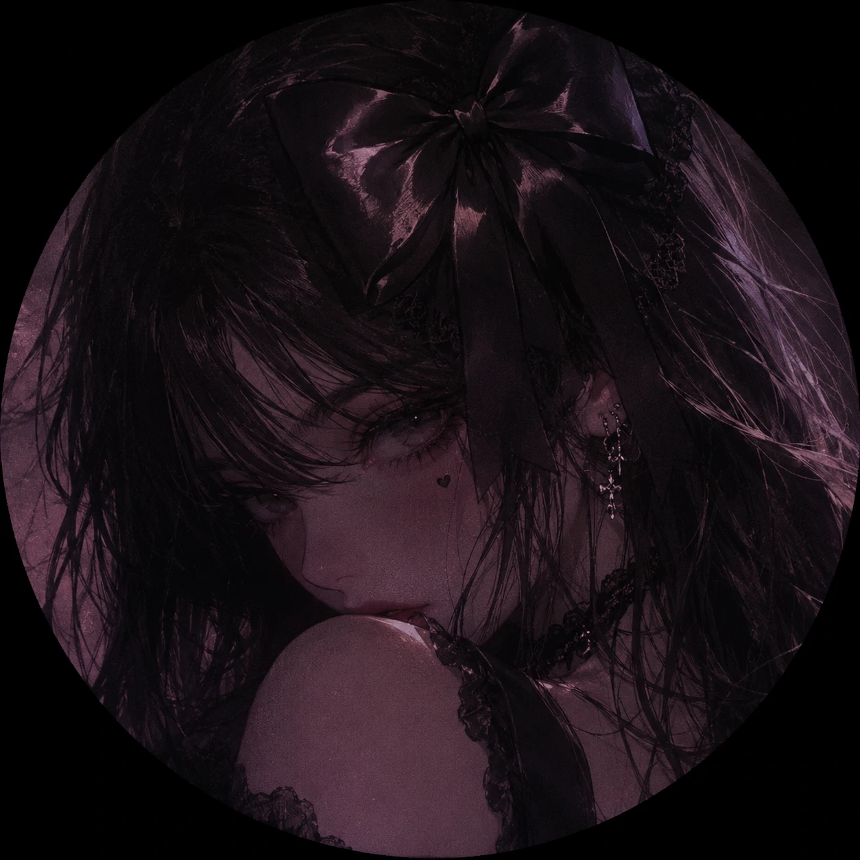 Dark coquette PFP with a black bow and muted plum lighting.
