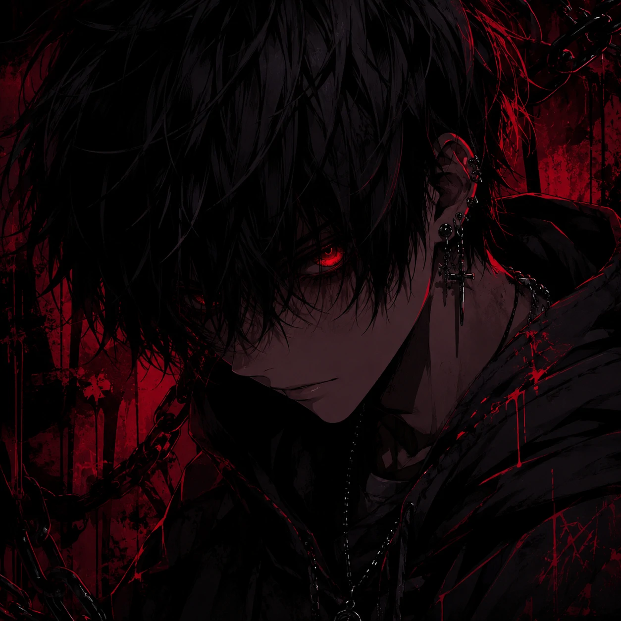 Dark emo anime boy PFP with glowing red eyes half-hidden by shadow and dark bangs