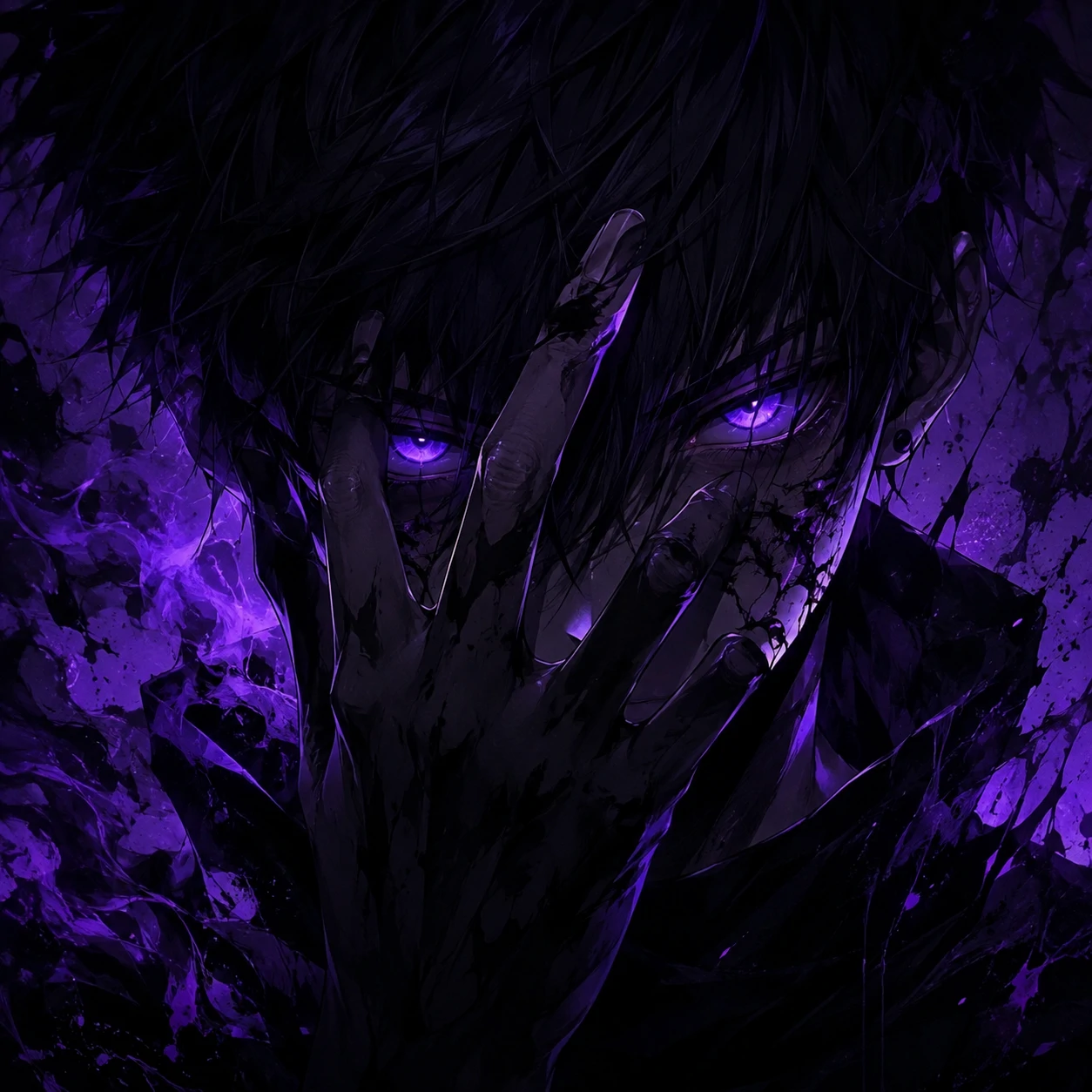 Dark emo anime boy PFP with a shadowed hand partially covering his face and glowing purple eyes