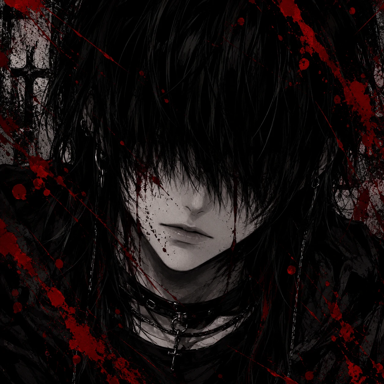 Dark emo anime PFP with subtle blood splatter across the frame and black hair covering the eyes