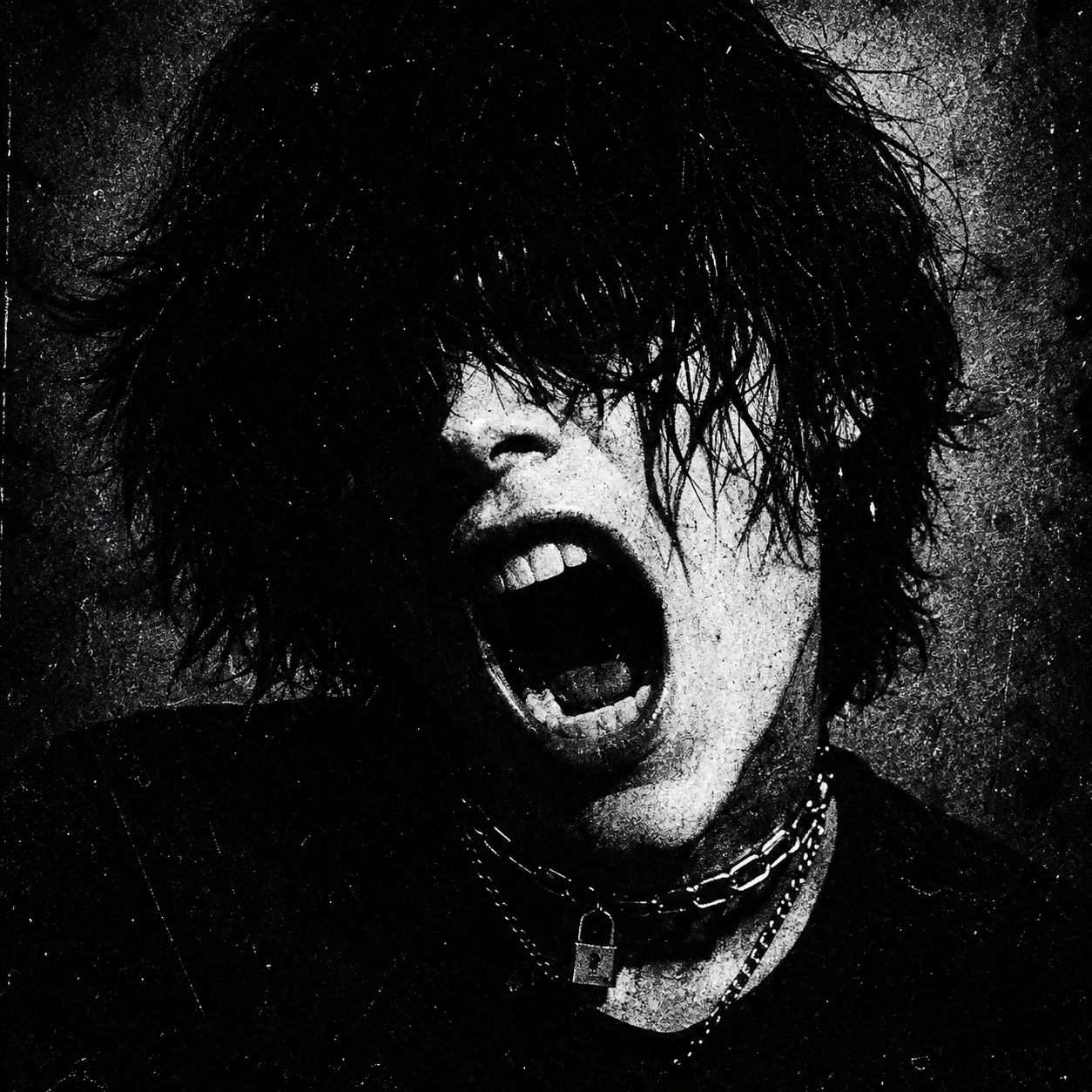 Black and white dark emo PFP of a person half-screaming with grain filter and heavy contrast