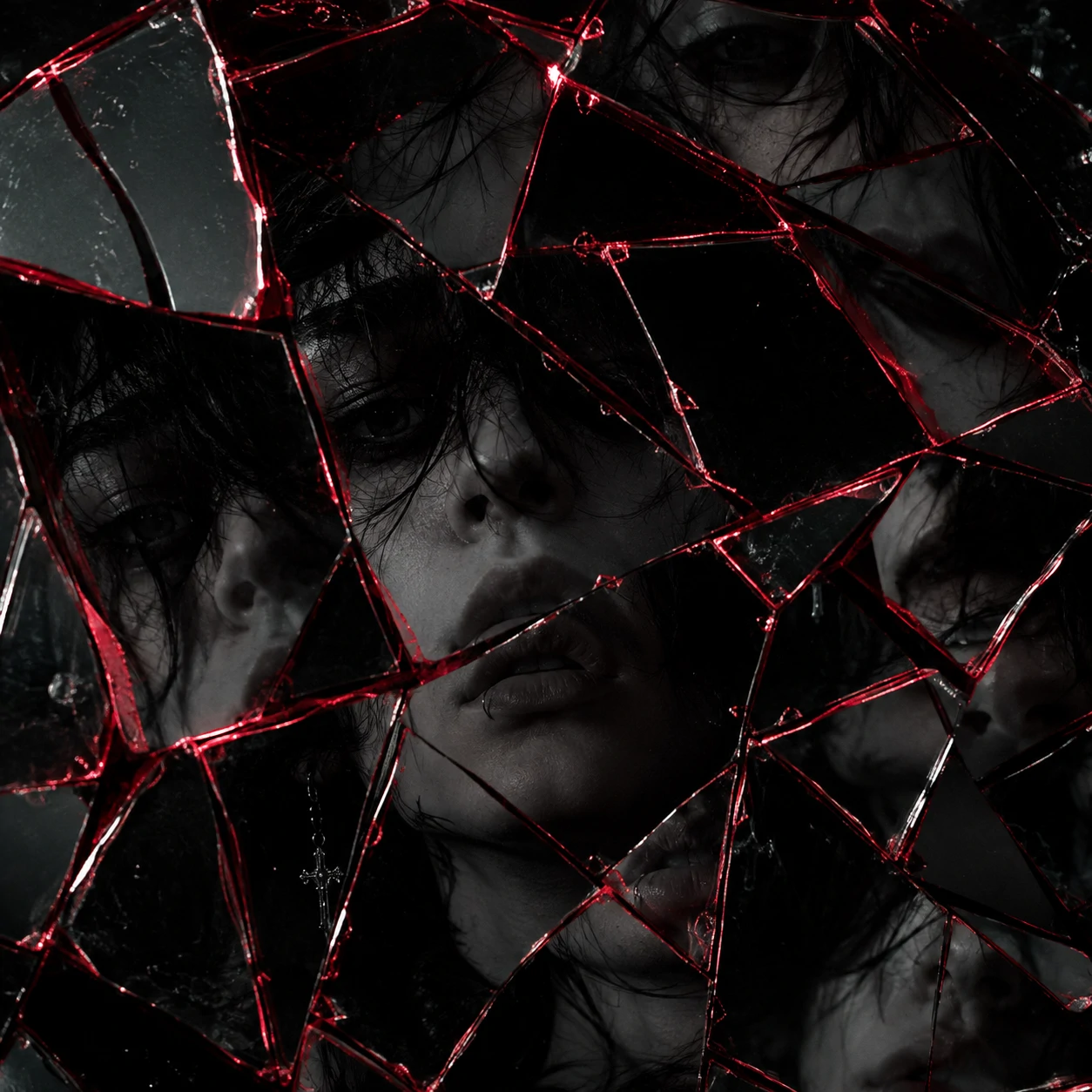 Dark emo PFP composed of a face reflected in broken mirror fragments with red edges