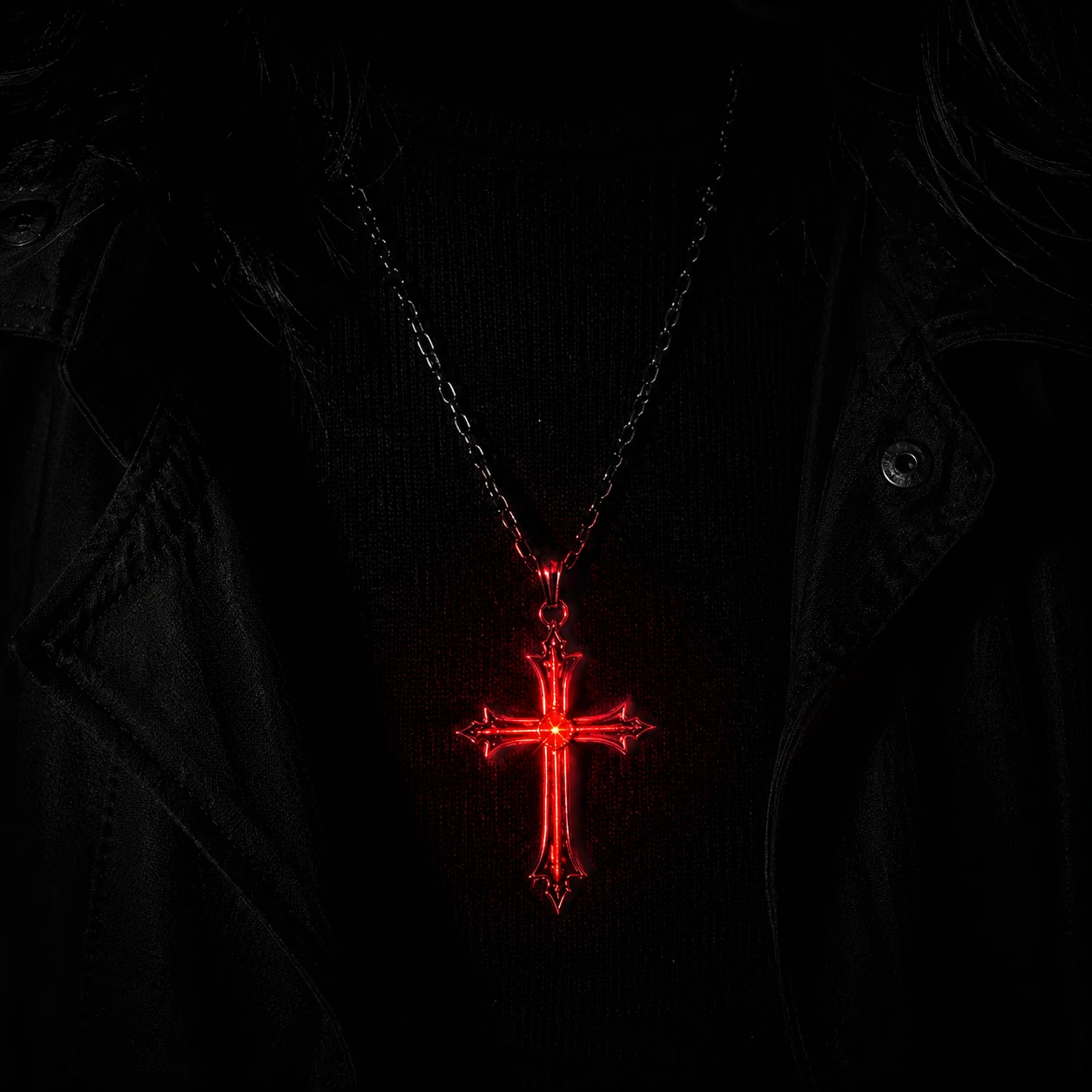 Dark emo PFP featuring a crimson glowing cross necklace against a fully black outfit