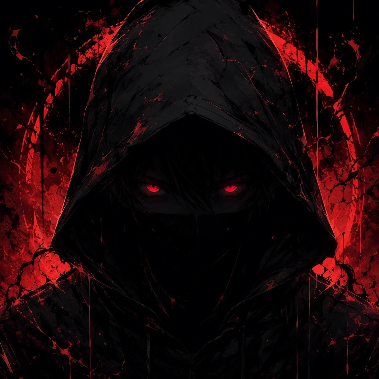 Dark emo PFP with a hooded face and glowing red eyes emerging from black shadow