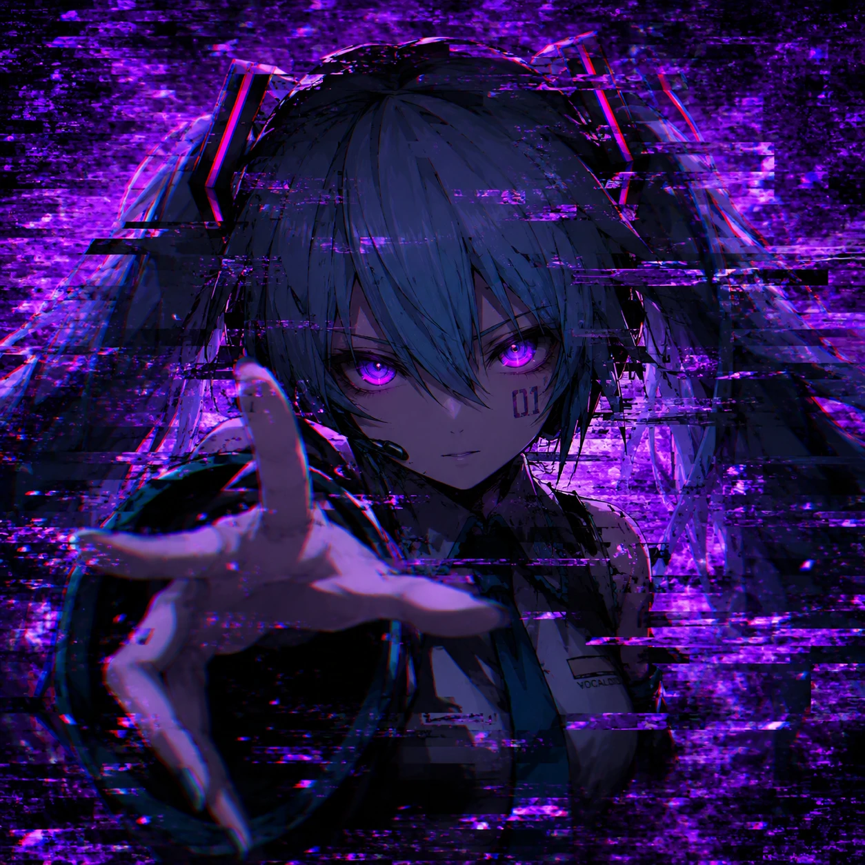 Dark Hatsune Miku PFP with glitch distortion effect and purple static