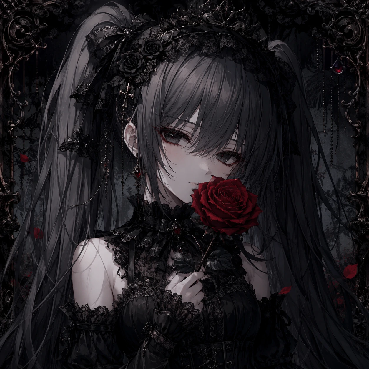 Dark Miku icon holding a deep red rose with gothic black lace details