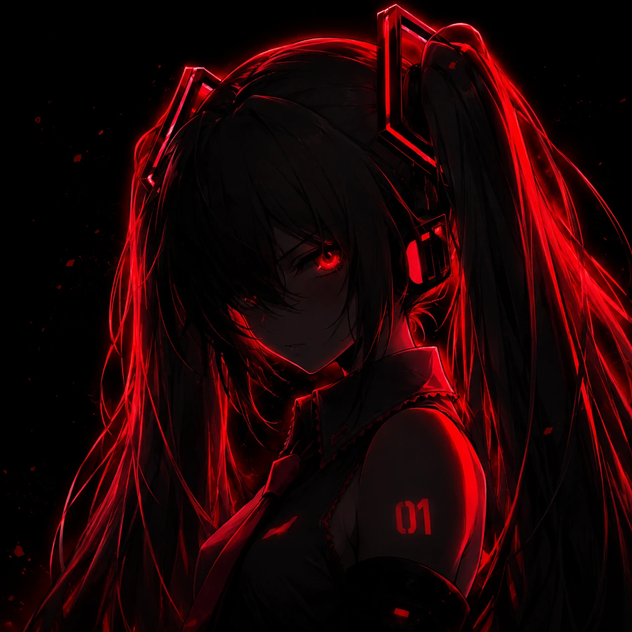 Dark Miku PFP with red neon glow on black background and shadowed face
