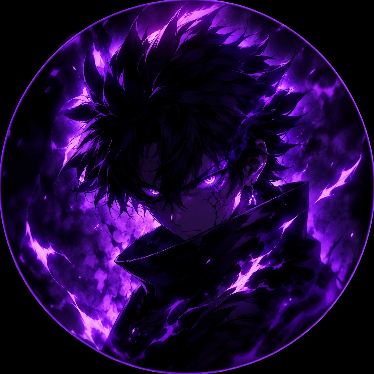 Dark purple anime PFP with glowing aura and intense expression
