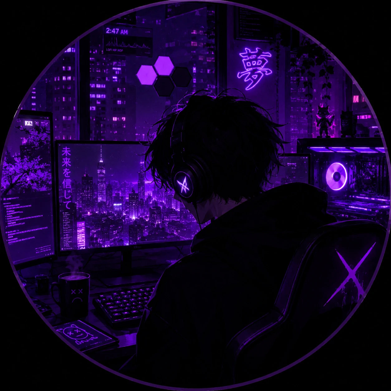 Dark purple cyber room PFP with glowing screens and violet ambience