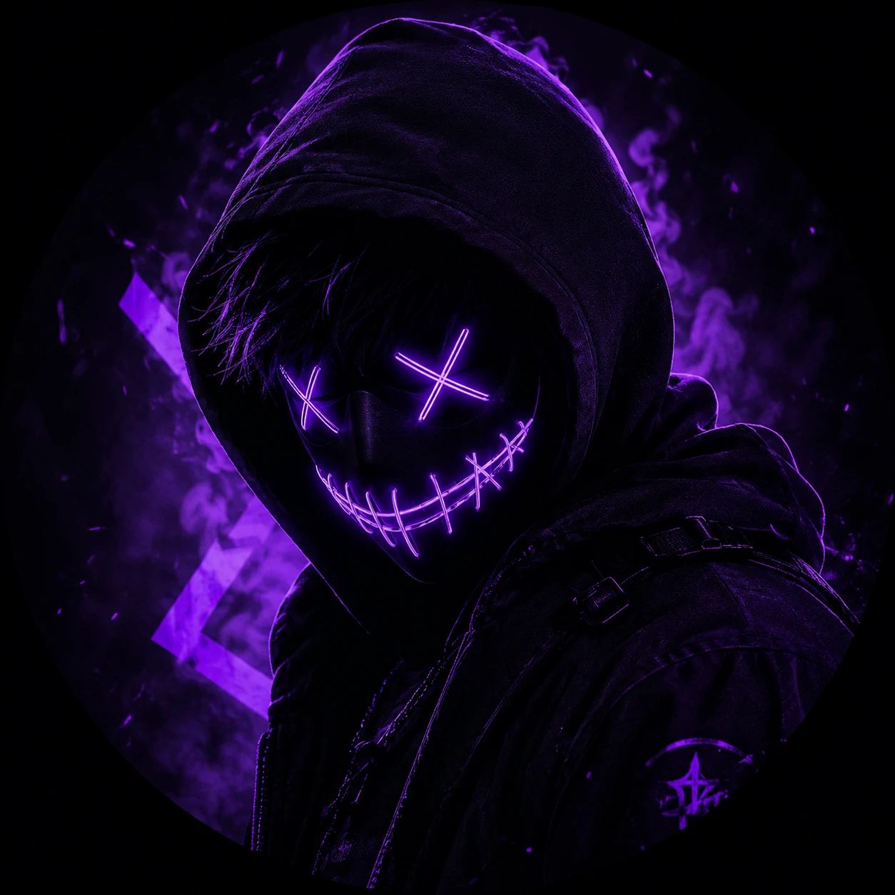 Dark purple PFP with glowing mask and black violet background