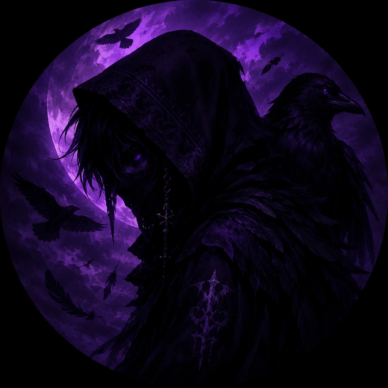 Dark purple aesthetic PFP with raven theme and moody purple shadows